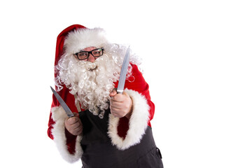 Funny Santa Claus is preparing a festive dinner. White background.