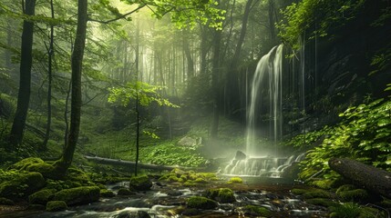 Fototapeta premium A tranquil forest with a hidden waterfall, symbolizing the discovery of hidden strengths.