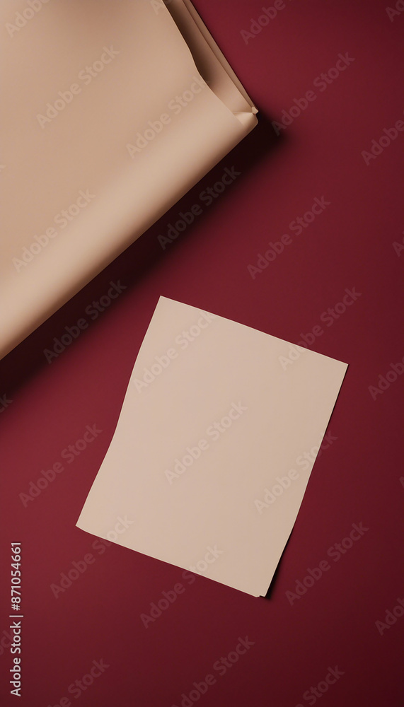 Poster top view of a burgundy table background with beige diagonal tablecloth blank sheet of paper on red b