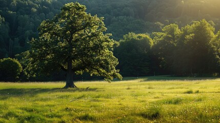 Fototapeta premium A tranquil meadow with a single, majestic tree providing shade, illustrating protection and strength.