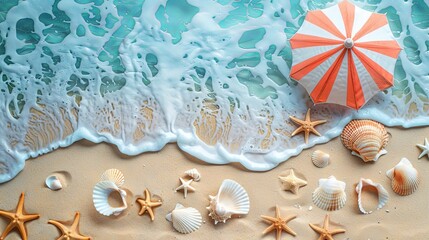 The beach warmly invites with gentle waves brushing the shore, an array of seashells, starfish, and a lively orange-striped umbrella, offering a refreshing coastal ambiance.