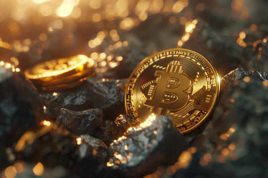 Bitcoin logo on top of gold coins.