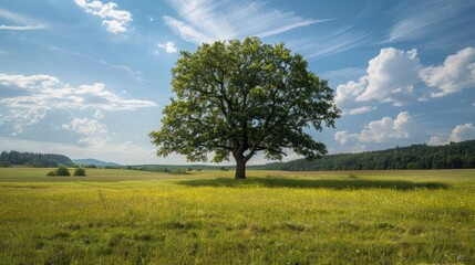 A tranquil meadow with a single, majestic tree providing shade, illustrating protection and strength.