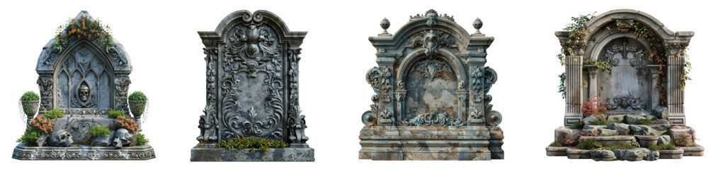 Obraz premium Ornate tombstone with detailed carvings and floral elements gothic memorial transparent background