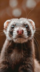 Close-up of a cute ferret with whiskers, animal portrait. Pet and wildlife concept