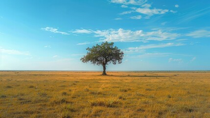 Obraz premium A vast, open plain with a single tree standing tall, representing solitude and inner strength.