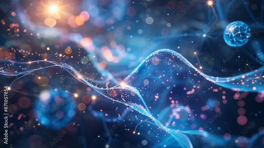 Poster a digitally rendered image showcasing the concept of quantum entanglement, depicted as intertwined s
