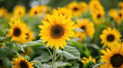 Vivid yellow sunflowers bloom in garden