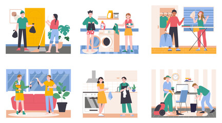 Young family cleaning home. Couples doing housework together. Housewives, householding process. Washing clean ironing, splendid vector scenes
