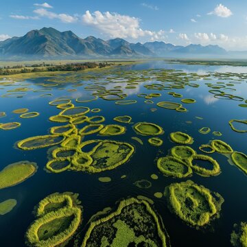 AI generator image of  
Loktak Lake has many floating islands with various unusual shapes. The highlight of Loktak Lake is the floating islands that are found scattered throughout the lake area.