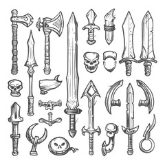 hand drawn cute weapon in game kawaii doodle collecttion set with engraving style