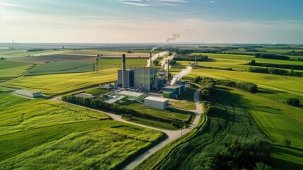 Obraz premium Aerial view of a biomass power plant surrounded by fields of renewable energy crops like switchgrass.