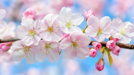 Vivid pink cherry blossoms in full bloom against a clear blue sky in the beautiful spring season
