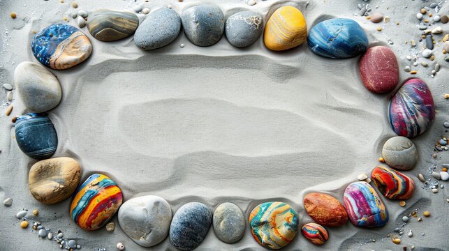 Colorful smooth stones on beach with space for text on sandy background, ideal for creative messages