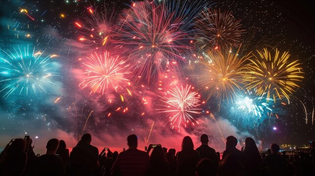 A vivid display of fireworks bursts over a crowded urban setting, creating a dynamic and colorful scene that captivates the spectators and lights up the night sky.