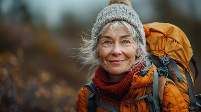 An elderly woman with white hair, in warm orange hiking gear and a beanie, carries a backpack while trekking through mountainous wilderness, smiling in contentment.