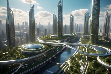 Aerial view of a futuristic city with sleek skyscrapers, sky bridges, green rooftop gardens, and advanced transportation

