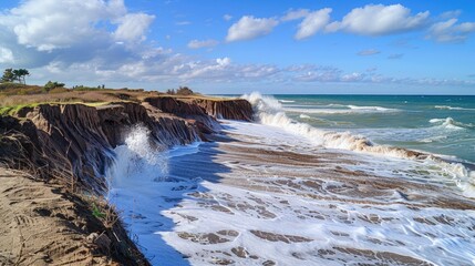 Coastal erosion due to rising sea levels, with waves crashing against cliffs and eroding shorelines.