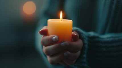 A hand holds a lit candle in a dimly lit setting