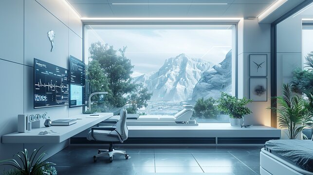 Visual representation of future trends in telehealth and virtual medicine, illustrating innovations in remote consultations, digital health platforms, and telemedicine technologies. , Minimalism,