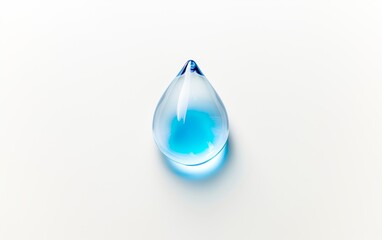 A single, glistening blue water droplet rests on a pristine white background, its form a testament to minimalist beauty and simple elegance.