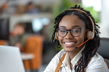 Smiling support agent with headset and glasses, seated at desk with laptop in office.