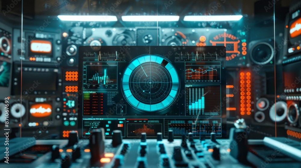 Poster A futuristic monitoring station with a digital interface displaying a radar screen and other signals
