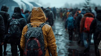 A group of refugees walking through a muddy, rainy environment, wearing backpacks and hoods, facing challenges ahead.