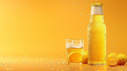 Refreshing cold lemonade bottle with condensation drops on vibrant orange background