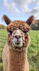 Obraz premium Close-up of an alpaca in a green field, cute and curious animal portrait