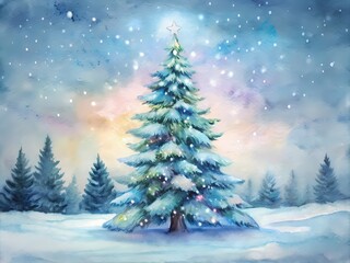 Snowflakes gently fall on a majestic Christmas tree standing tall in a serene winter wonderland, its twinkling lights reflecting off the snowy ground.