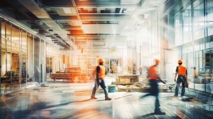 workers blurred interior building construction