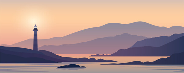Rocky seashore with a lighthouse, panoramic vector landscape of the coast. A beautiful ocean bay with hills and mountains and a tall lighthouse against the backdrop of a warm summer sunset. © LoveSan