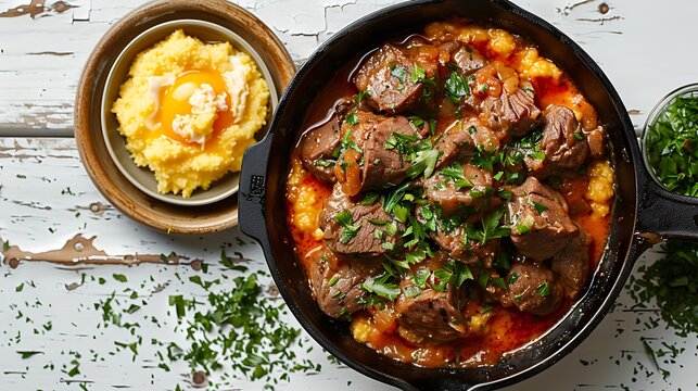 A cast iron skillet filled with Drob de miel (lamb Drob), a fluffy egg and lamb offal dish, garnished with chopped fresh parsley and a side of polenta on a white wooden table.