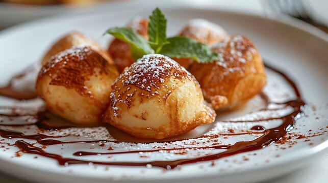 A unique close-up of Julfa (deep-fried pastry) filled with a creamy hemp mousse, dusted with cocoa powder, and drizzled with chocolate sauce. A white plate with a single fresh mint leaf