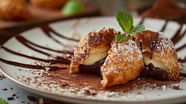 A unique close-up of Julfa (deep-fried pastry) filled with a creamy hemp mousse, dusted with cocoa powder, and drizzled with chocolate sauce. A white plate with a single fresh mint leaf