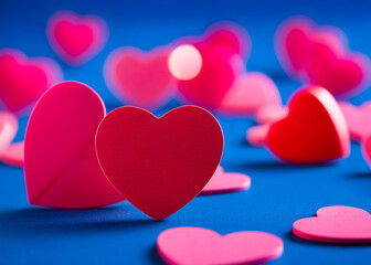 Bokeh pink hearts on blue background. Generative AI