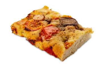 Rectangular Pizza piece with vegetables, Pizza slice with tomato, eggplant and peppers and onion isolated
