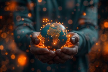 A person is holding a globe with a glowing light around it. The globe is surrounded by a blurry background, giving the impression of a glowing, illuminated planet