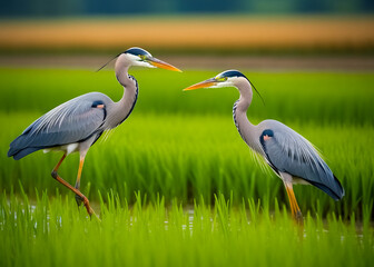 Heron birds feeding in rice fields. Generative AI