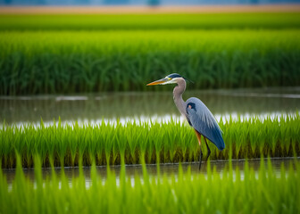 Heron birds feeding in rice fields. Generative AI