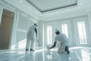 Two men are painting a room. One of them is kneeling down while the other is standing. The room is white and has a clean, fresh look
