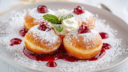 A plate of Papanasi, Romanian doughnuts, served with sour cream and berry jam, garnished with fresh mint. The clean white backdrop highlights the vibrant colors and inviting textures of