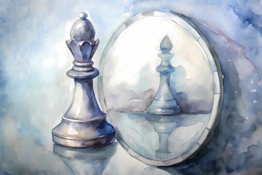 A lone chess pawn stands beside a majestic king piece, both reflected in a sleek mirror, creating a sense of symmetry and quiet contemplation.