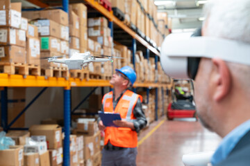 Innovative Industrial Inspection: Businessman Utilizing Virtual Reality Headset  for Warehouse...