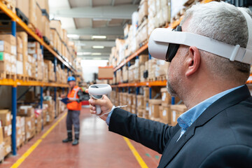 Innovative Industrial Inspection: Businessman Utilizing Virtual Reality Headset  for Warehouse...