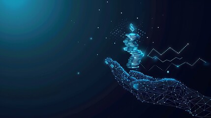 Abstract polygonal hand holding a glowing coin on a dark blue background