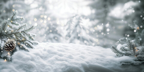 White Xmas. Fairytale winter background. Frosted fir branches and clean drifts of crisp snow with bokeh Christmas lights and space for text. Greeting сard, invitation, banner, poster, flyer, template