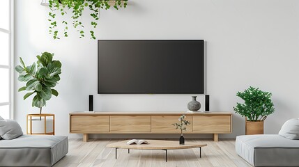 Interior of modern living room with white walls, wooden floor, white sofa and TV on the wall