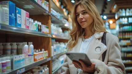 A woman with a tablet browsing through products in a pharmacy store, presenting a moment of consumer engagement in a well-lit retail environment.